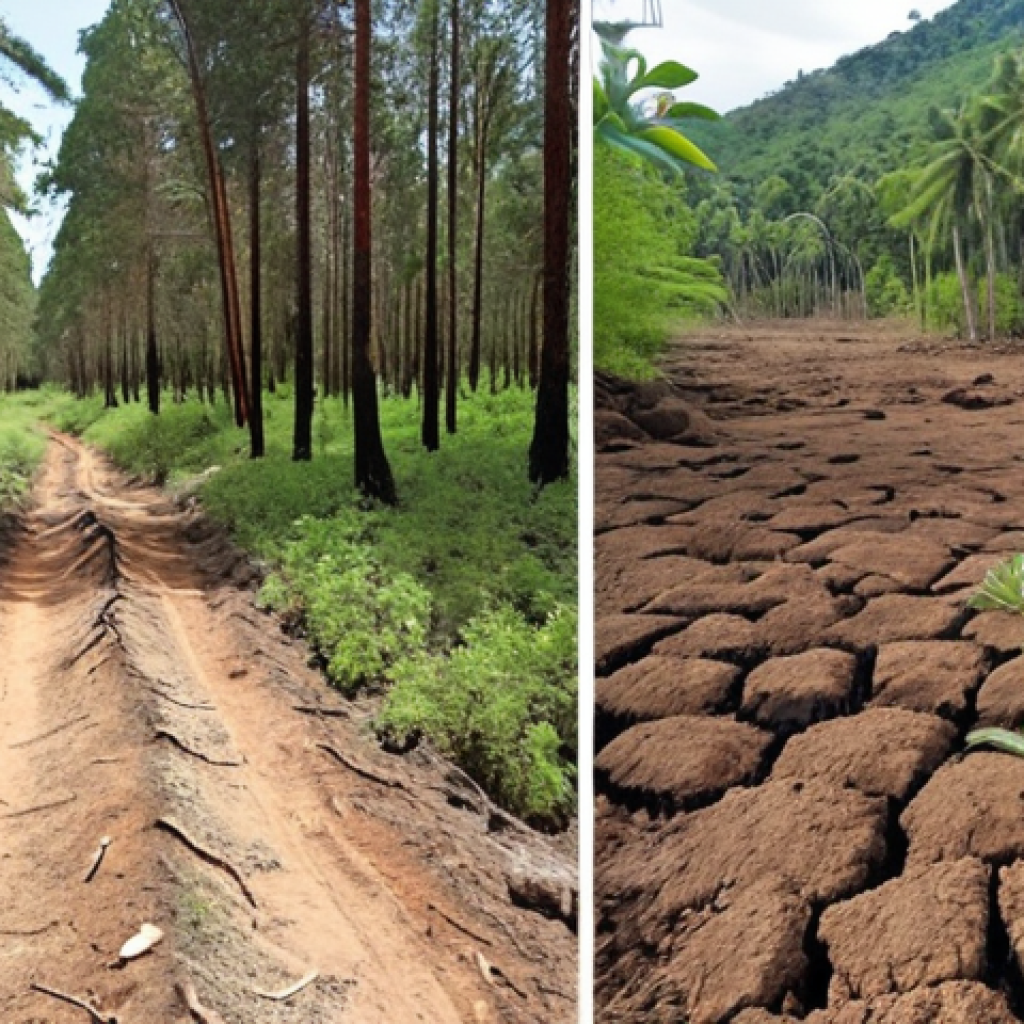 **A before-and-after scene of reforestation:** On the left, a barren, eroded landscape with sparse vegetation and cracked soil. On the right, a thriving, diverse forest with lush greenery, healthy soil, and wildlife, symbolizing the restoration of degraded lands and the return of biodiversity. Focus on the positive impact of reforestation.