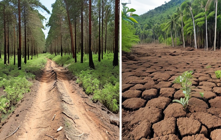 **A before-and-after scene of reforestation:** On the left, a barren, eroded landscape with sparse vegetation and cracked soil. On the right, a thriving, diverse forest with lush greenery, healthy soil, and wildlife, symbolizing the restoration of degraded lands and the return of biodiversity. Focus on the positive impact of reforestation.