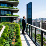 A professional urban planner, fully clothed in a modest business casual outfit, stands thoughtfully on a high-level observation deck, looking out over a modern city. The urban landscape below showcases a stark contrast: one side features dense, grey concrete buildings and bustling roads, while the other side visibly integrates lush green infrastructure, including extensive green roofs, vibrant vertical gardens climbing building facades, and a newly established urban park with permeable pathways. The scene is bathed in bright, clear daylight, highlighting the transformation. This is a high-resolution, professional photograph with perfect anatomy, correct proportions, a natural pose, well-formed hands, proper finger count, and natural body proportions. The content is safe for work, appropriate content, fully clothed, and professional.
