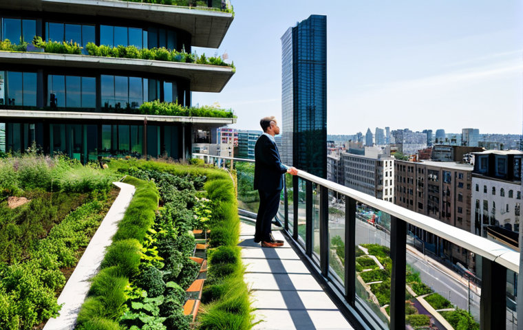 A professional urban planner, fully clothed in a modest business casual outfit, stands thoughtfully on a high-level observation deck, looking out over a modern city. The urban landscape below showcases a stark contrast: one side features dense, grey concrete buildings and bustling roads, while the other side visibly integrates lush green infrastructure, including extensive green roofs, vibrant vertical gardens climbing building facades, and a newly established urban park with permeable pathways. The scene is bathed in bright, clear daylight, highlighting the transformation. This is a high-resolution, professional photograph with perfect anatomy, correct proportions, a natural pose, well-formed hands, proper finger count, and natural body proportions. The content is safe for work, appropriate content, fully clothed, and professional.