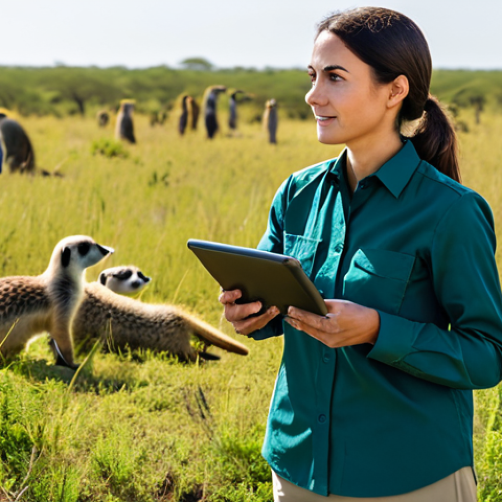 A professional female behavioral scientist, mid-30s, dressed in modest, practical field research attire including a long-sleeved shirt and durable khakis. She is standing in a lush, sunlit savanna, holding a tablet with a data display, observing a distant group of meerkats through binoculars. The scene captures the essence of advanced animal tracking and AI in behavioral science. Professional photography, perfect anatomy, correct proportions, natural pose, well-formed hands, fully clothed, appropriate attire, safe for work, appropriate content, professional.