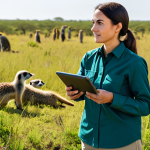 A professional female behavioral scientist, mid-30s, dressed in modest, practical field research attire including a long-sleeved shirt and durable khakis. She is standing in a lush, sunlit savanna, holding a tablet with a data display, observing a distant group of meerkats through binoculars. The scene captures the essence of advanced animal tracking and AI in behavioral science. Professional photography, perfect anatomy, correct proportions, natural pose, well-formed hands, fully clothed, appropriate attire, safe for work, appropriate content, professional.