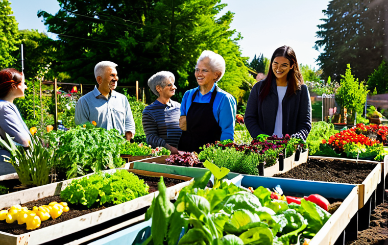 도시 녹지 공간 - Community Garden Gathering**
"A diverse group of people, fully clothed in modest attire, working to...