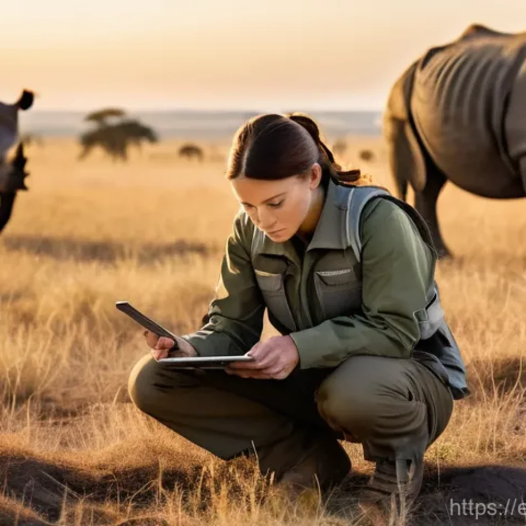 종다양성 보존 - **Tech-Enabled Conservation:** "A dynamic scene featuring cutting-edge technology assisting wildlife...