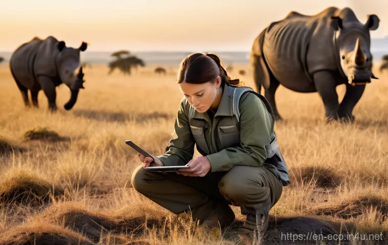 종다양성 보존 - **Tech-Enabled Conservation:** "A dynamic scene featuring cutting-edge technology assisting wildlife...