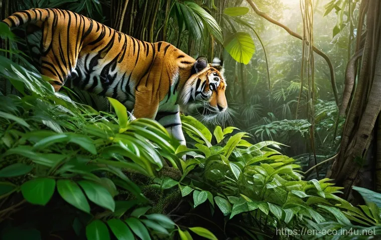 AI와 생태 모니터링 - **Prompt:** A highly detailed, realistic photograph of a majestic Bengal tiger gracefully moving thr...