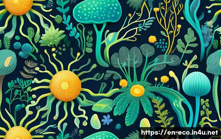 미생물 생태 연구 - **Prompt:** A vibrant, macro-photographic style illustration depicting the intricate and harmonious ...