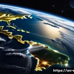 Home 14 위성 데이터와 생태 분석 - **Prompt:** A breathtaking, high-angle aerial view of Earth from space, showcasing a network of adva...