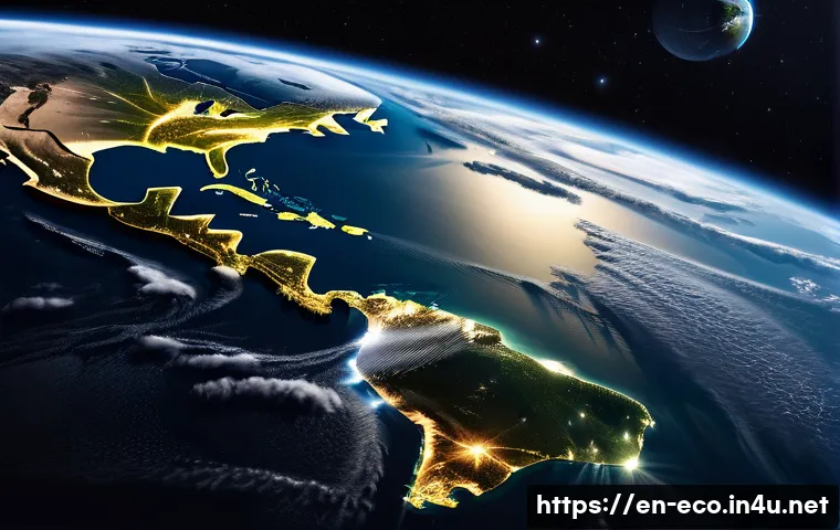 위성 데이터와 생태 분석 - **Prompt:** A breathtaking, high-angle aerial view of Earth from space, showcasing a network of adva...