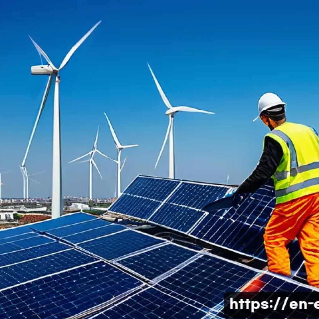 환경 경제학과 정책 - A detailed illustration of a modern urban rooftop solar panel installation under a bright blue sky, ...