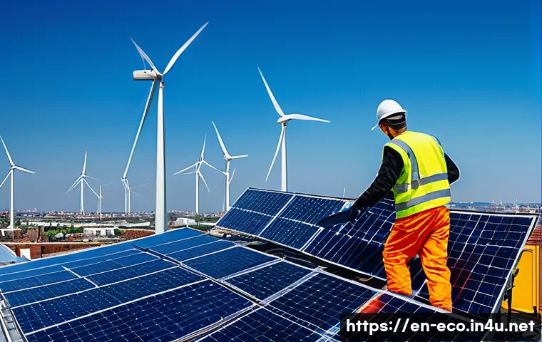 환경 경제학과 정책 - A detailed illustration of a modern urban rooftop solar panel installation under a bright blue sky, ...