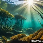 해조류 생태 연구 - A vibrant underwater scene depicting a dense giant kelp forest (Macrocystis pyrifera) in temperate c...