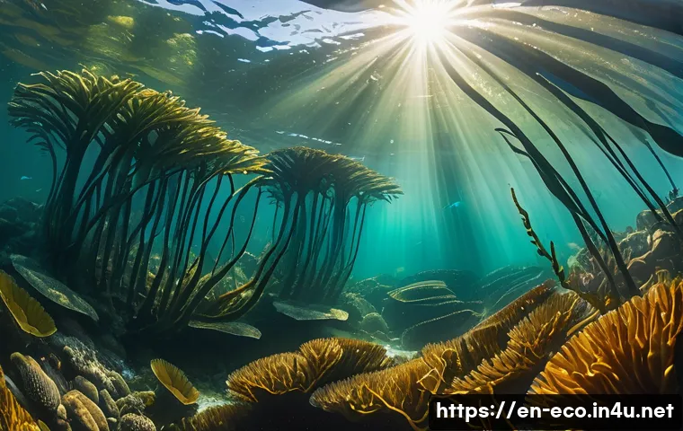 해조류 생태 연구 - A vibrant underwater scene depicting a dense giant kelp forest (Macrocystis pyrifera) in temperate c...