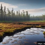 습지 탄소 저장 - A vibrant northern peatland landscape under soft morning light, showcasing thick layers of dark peat...