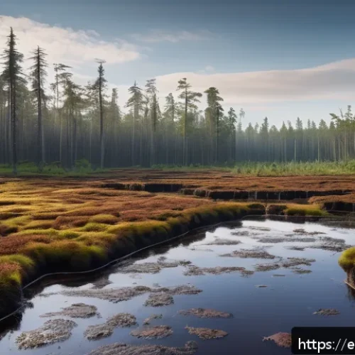 습지 탄소 저장 - A vibrant northern peatland landscape under soft morning light, showcasing thick layers of dark peat...