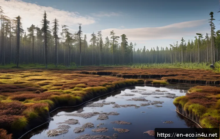 습지 탄소 저장 - A vibrant northern peatland landscape under soft morning light, showcasing thick layers of dark peat...