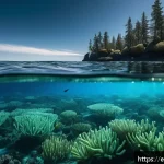 해양 생태계 - A vibrant underwater scene showcasing a dense bloom of phytoplankton near the ocean surface, glowing...