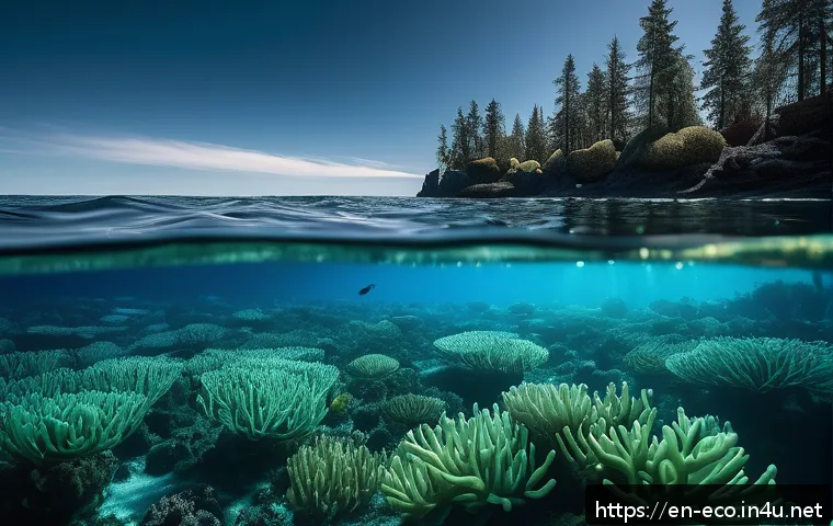 해양 생태계 - A vibrant underwater scene showcasing a dense bloom of phytoplankton near the ocean surface, glowing...