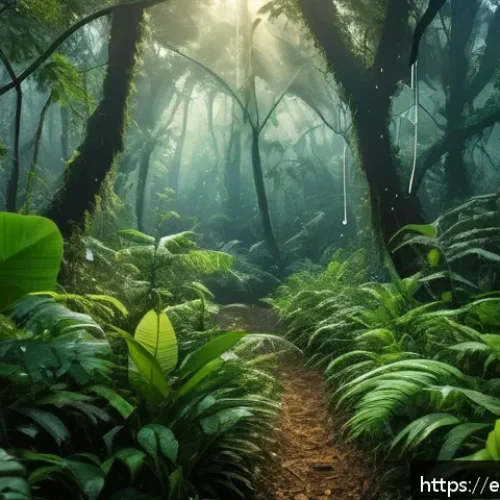 멸종위기종 복원 - A dense tropical rainforest scene at dawn featuring AI-powered smart sensors discreetly attached to ...