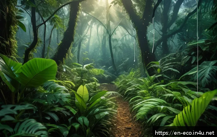 멸종위기종 복원 - A dense tropical rainforest scene at dawn featuring AI-powered smart sensors discreetly attached to ...