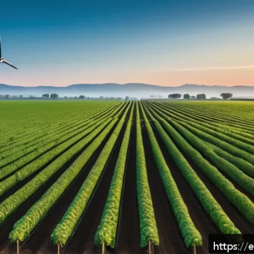 지속가능한 자원 관리 - A modern smart farm landscape at sunrise featuring lush green crops with advanced soil moisture sens...