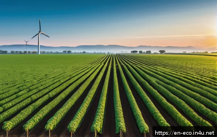 지속가능한 자원 관리 - A modern smart farm landscape at sunrise featuring lush green crops with advanced soil moisture sens...