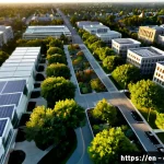 열섬현상 완화 - Photorealistic aerial view of a dense North American city redesigned to reduce urban heat, expansive...