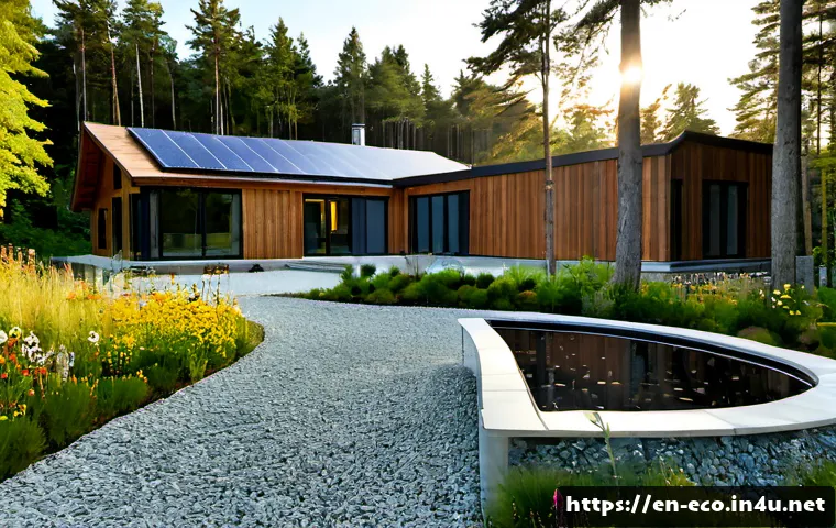에코하우스 설계 - Photorealistic wide-angle exterior of a modern eco house in a temperate North American woodland, pas...