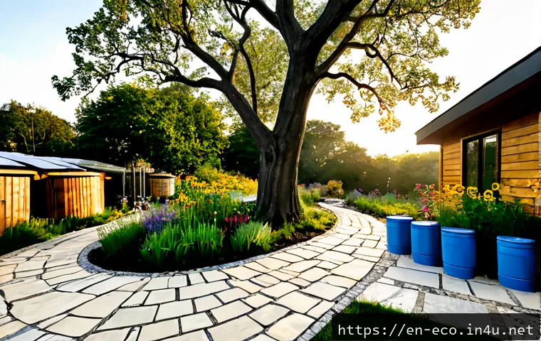 Home 17 생태적 설계 - Photorealistic wide-angle view of an ecological home designed around a mature oak tree, reclaimed ti...