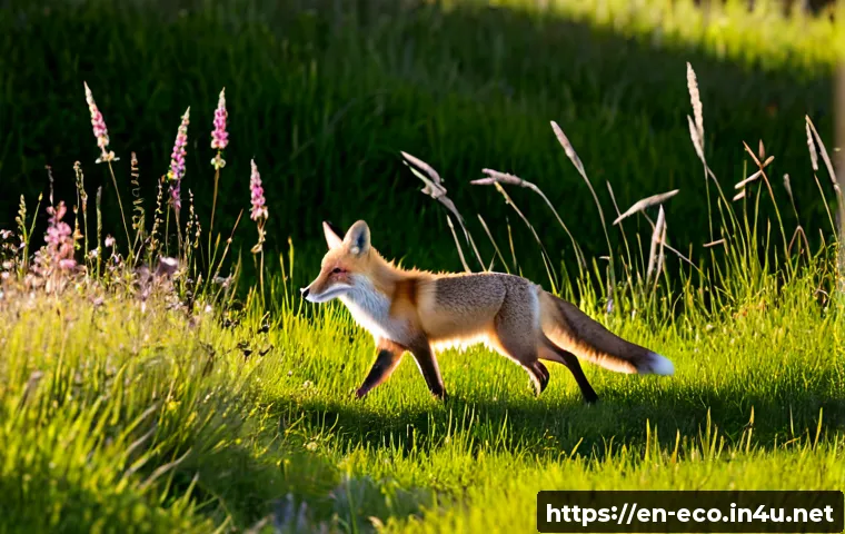 생태적 지위 - Photorealistic wildlife scene of a red fox hunting small rodents in a sunlit meadow, fox poised with...