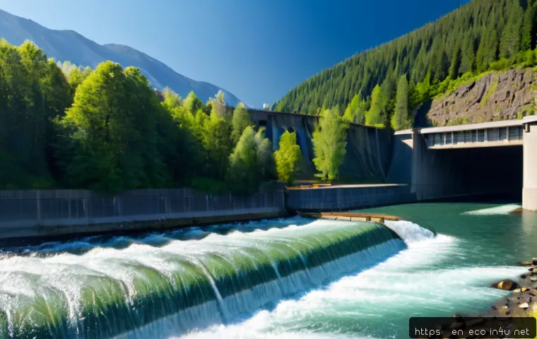 Home 17 수력발전과 생태 - Photorealistic wide landscape of a modern hydroelectric dam beside a free-flowing river habitat, cle...